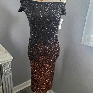 Off-shoulder sequence ombre midi dress